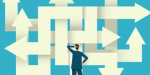 Businessman on a crossroad flat vector illustration